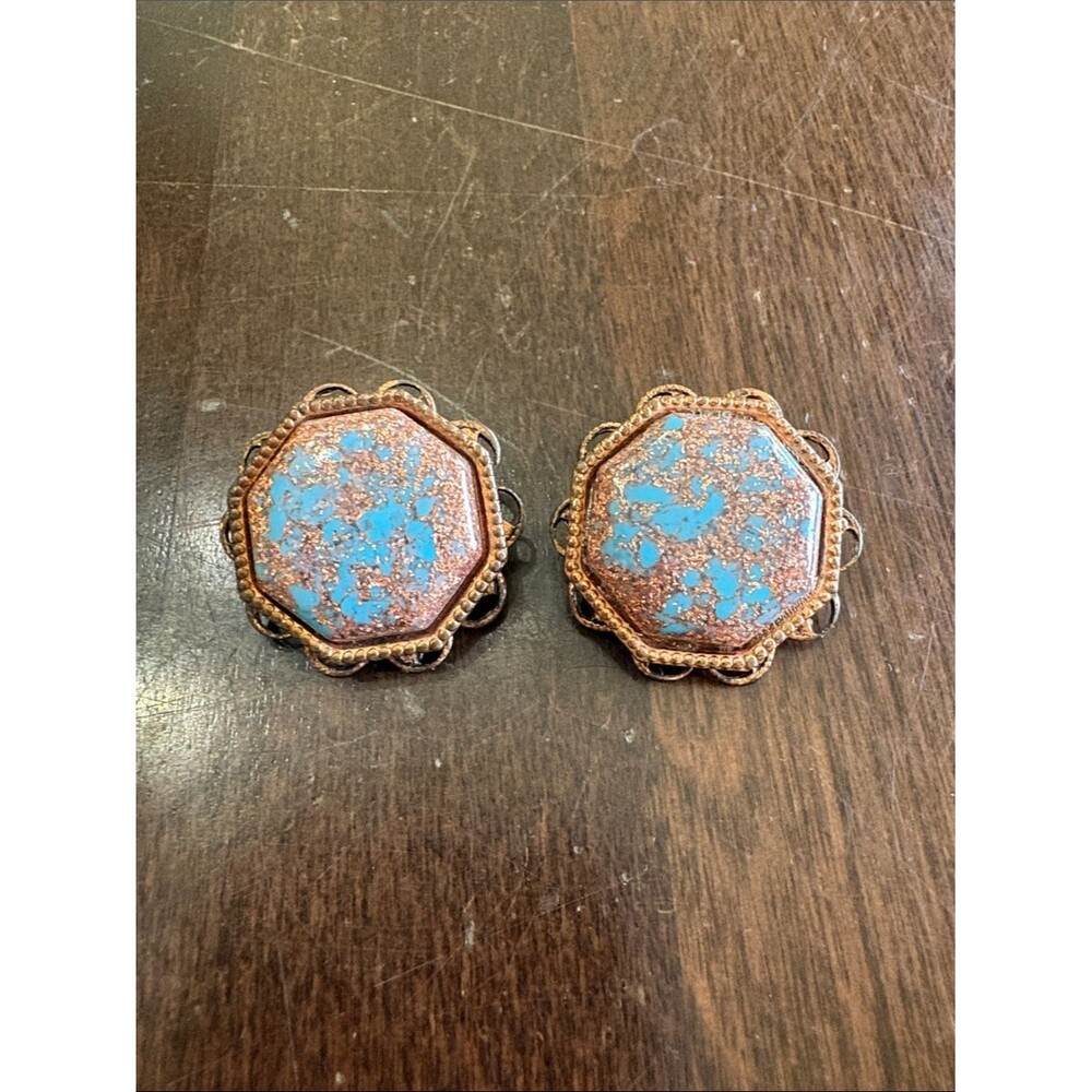 Vintage Filigree Copper Blue Clip-On Earrings